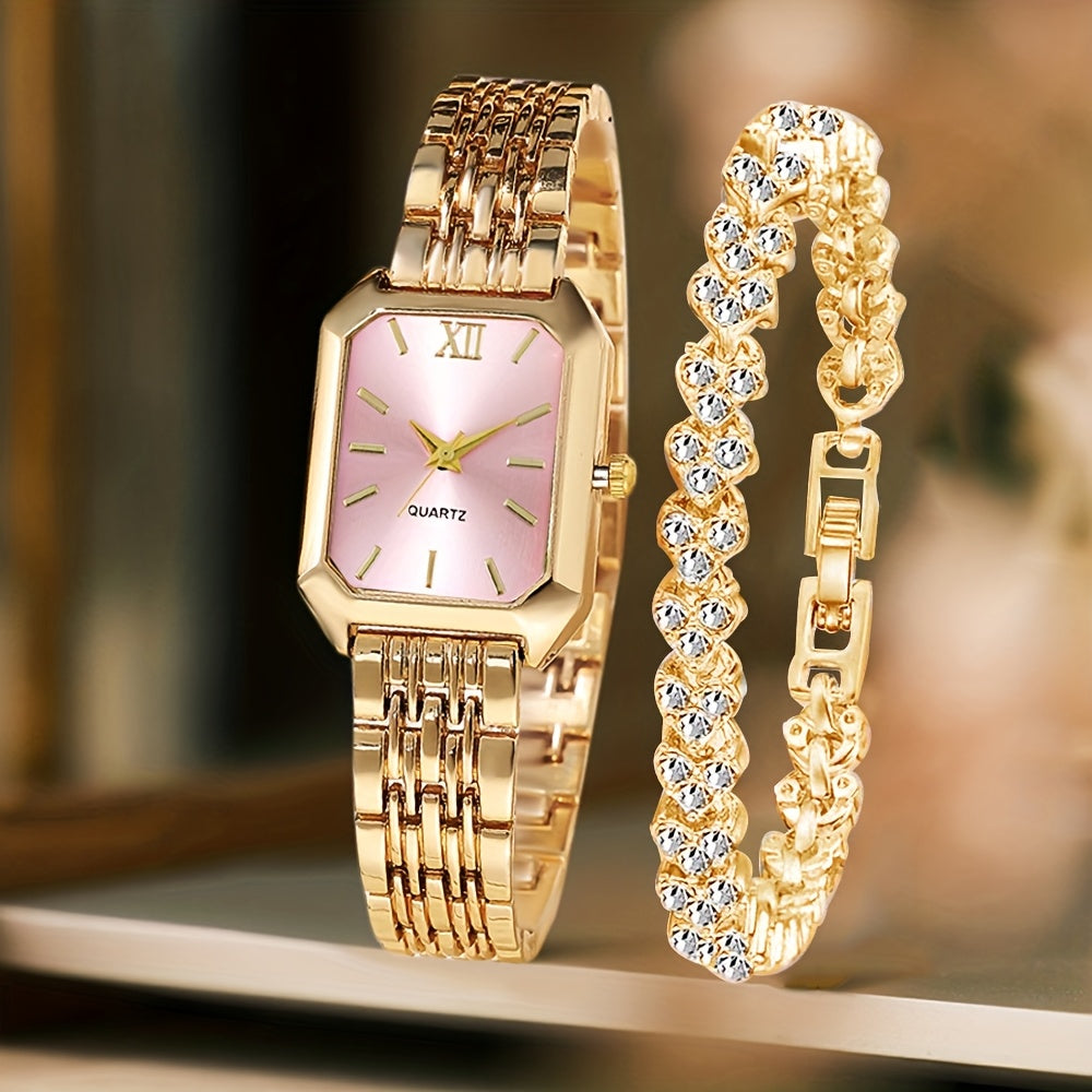 2pcs Women's Elegant Retro Watch Set - Luxury Heart Chain Quartz Watch with Rectangular Dial & Stainless, Court Style Analog Wristwatches for Easter, Wedding, or Casual Attire - Classic Timepiece Gift