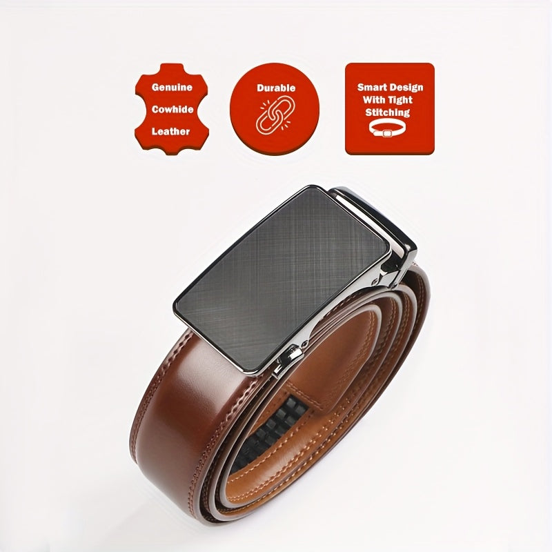 Elegant Men's Genuine Leather Belt with American Flag Automatic Buckle - Sleek Black and Brown Ratchet Design, Alloy Clasp, Perfect for Formal and Casual Wear