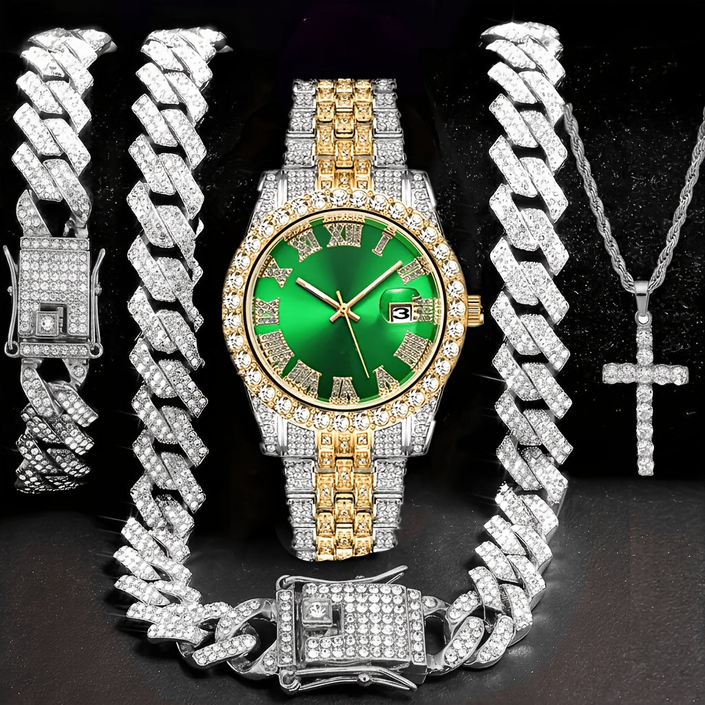 [Birthday Father's Day Wedding] 4pcs Quartz Men's Watches Set with 14Mm Cuban Chain Necklace And Bracelet, Cross Pendant Necklace, Luxury Golden-Tone Quartz Watch with Rhinestone Perfect Gift for Birthday, Father's Day, Wedding