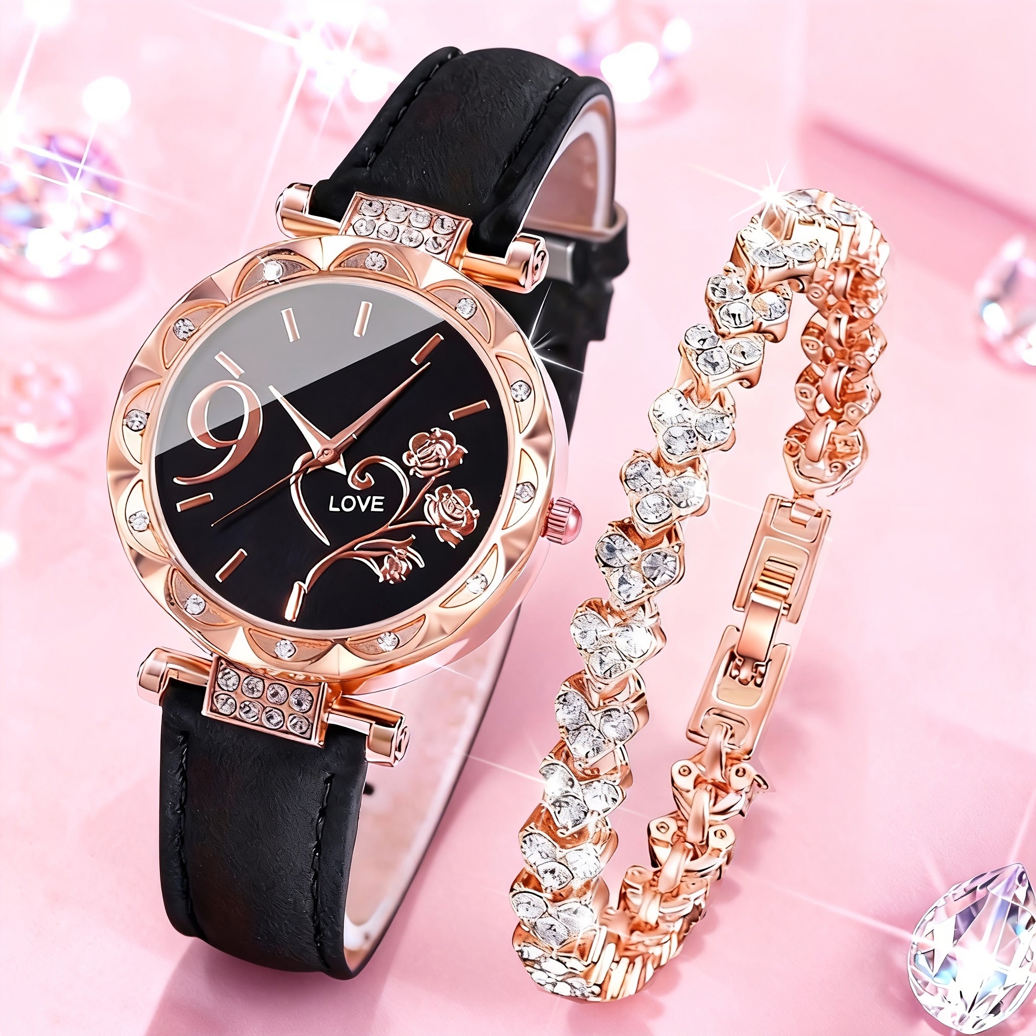This Is a Set of Two Stylish Quartz Watches Featuring a Rose Golden And Pink Faux Leather Strap, Adorned with Sparkling Rhinestones. The Round Dial Showcases a Heart Design, Making It an Ideal Gift for Valentine'S Day, Birthdays, And Parties