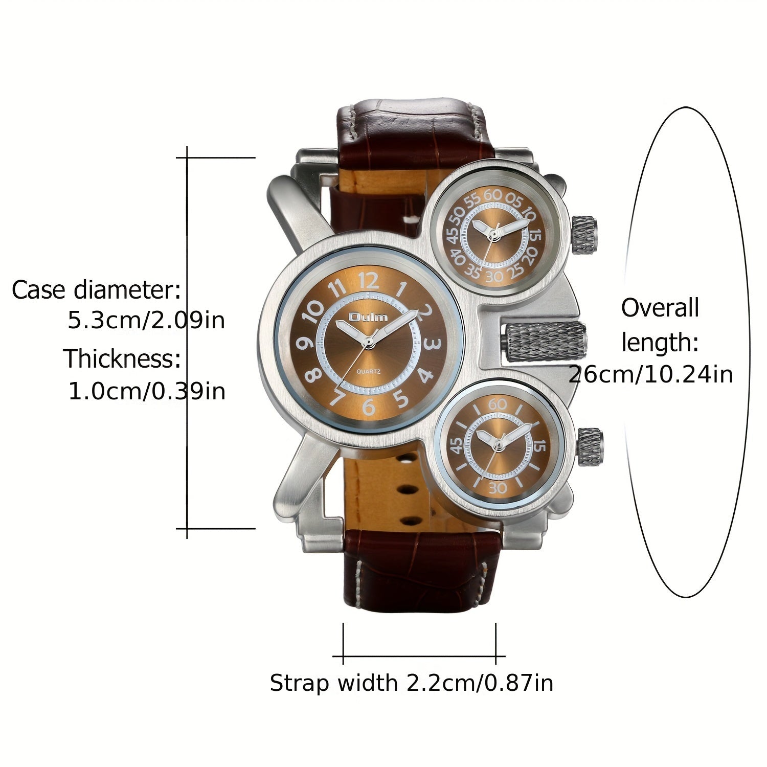 Men's PU Leather Strap Watch with  Trendy Three-Time Zone Function Dial, Dark Coffee Color