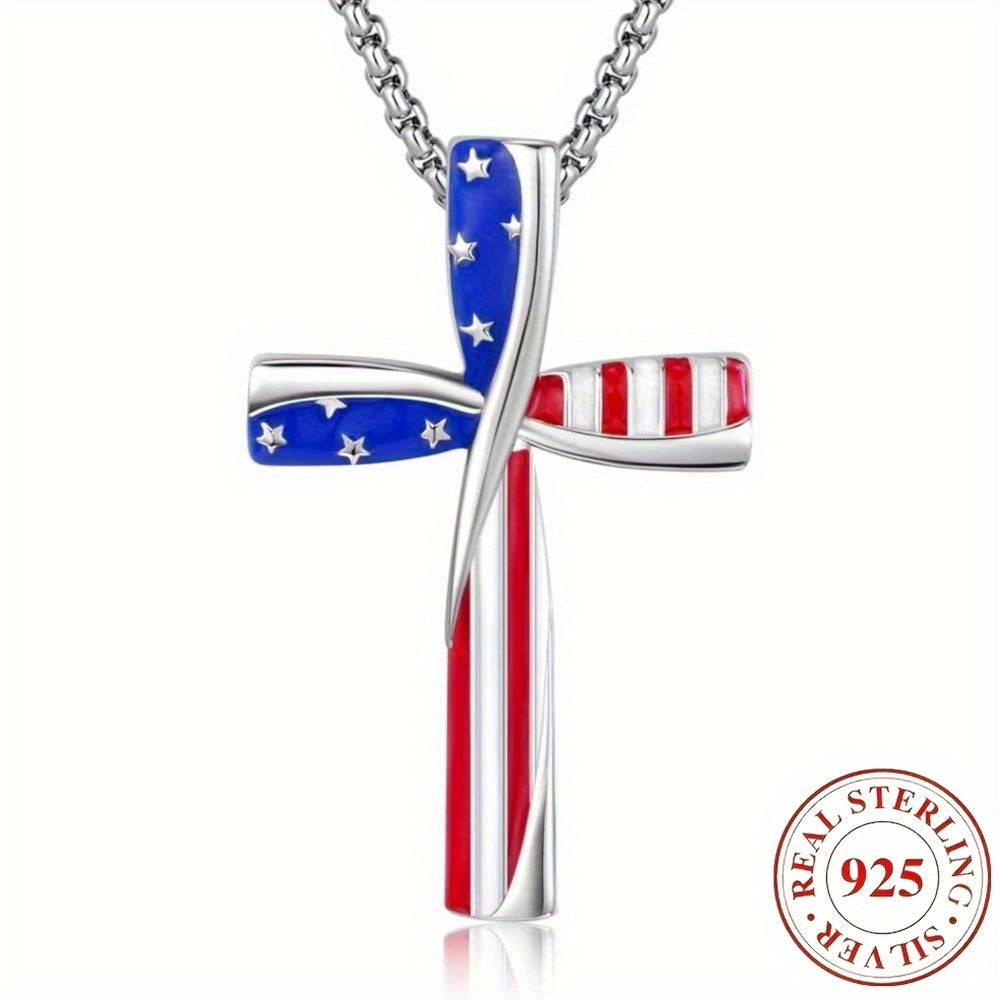 925s Patriotic Cross Pendant Necklace, Red, White, Blue Star Spangled Banner, American Flag, Independence Day, Suitable for Any Occasion, Best Choice for Gift Giving