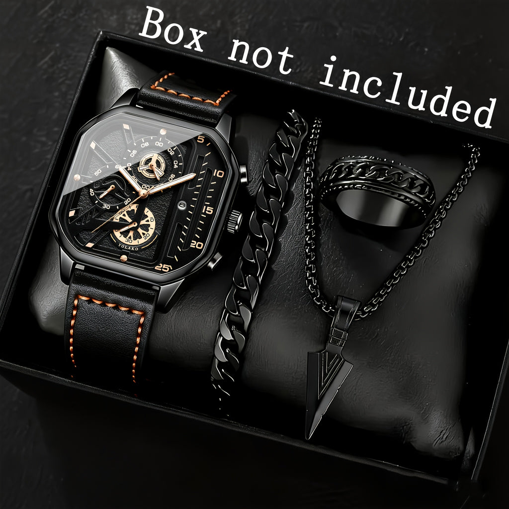 [ Quartz Watches for Men ] 1/4pcs/Set Vintage Faux Leather Watches, Stylish Black Sport Wrist Watch, Square Dial, Casual Watches | Clothing Additions | Business Watches | Reloj Para Hombre