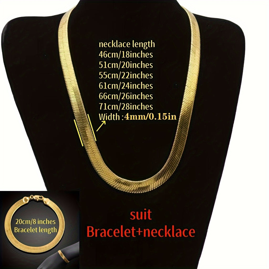 2pcs Luxury Hip-hop Set - Unisex - Fashionable Necklace And Bracelet Combination -18K Gold Plated 18K Gold Plated-plated Snake Chain Design Suitable For Parties And Birthday Gifts, Available In Multiple Sizes 18 20 22 24 26 28 Inches