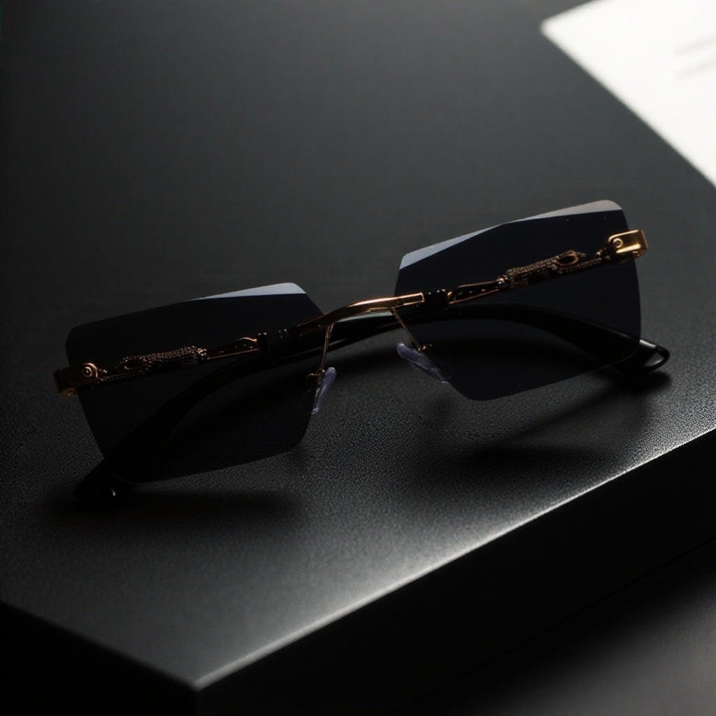Unisex Luxury Frameless Black And Golden Sunglasses with Leopard-Decorated Arms - UV400 - Narrow Rectangular Lens - Includes Protective Case And Cleaning Cloth - High-End Gift for Men And Women - Stylish Eyewear for Driving, Travel, And Parties