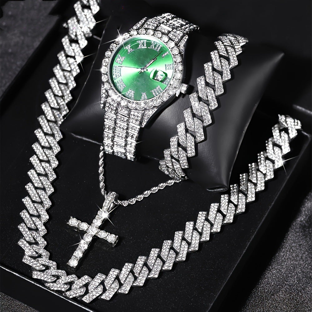 Luxury Cuban Link Jewelry Set: Necklace, Bracelet, Pendant Necklace, and Wristwatch Full Set - Ideal Gift for Holiday Celebrations, Valentine's Day, Christmas, and Birthdays
