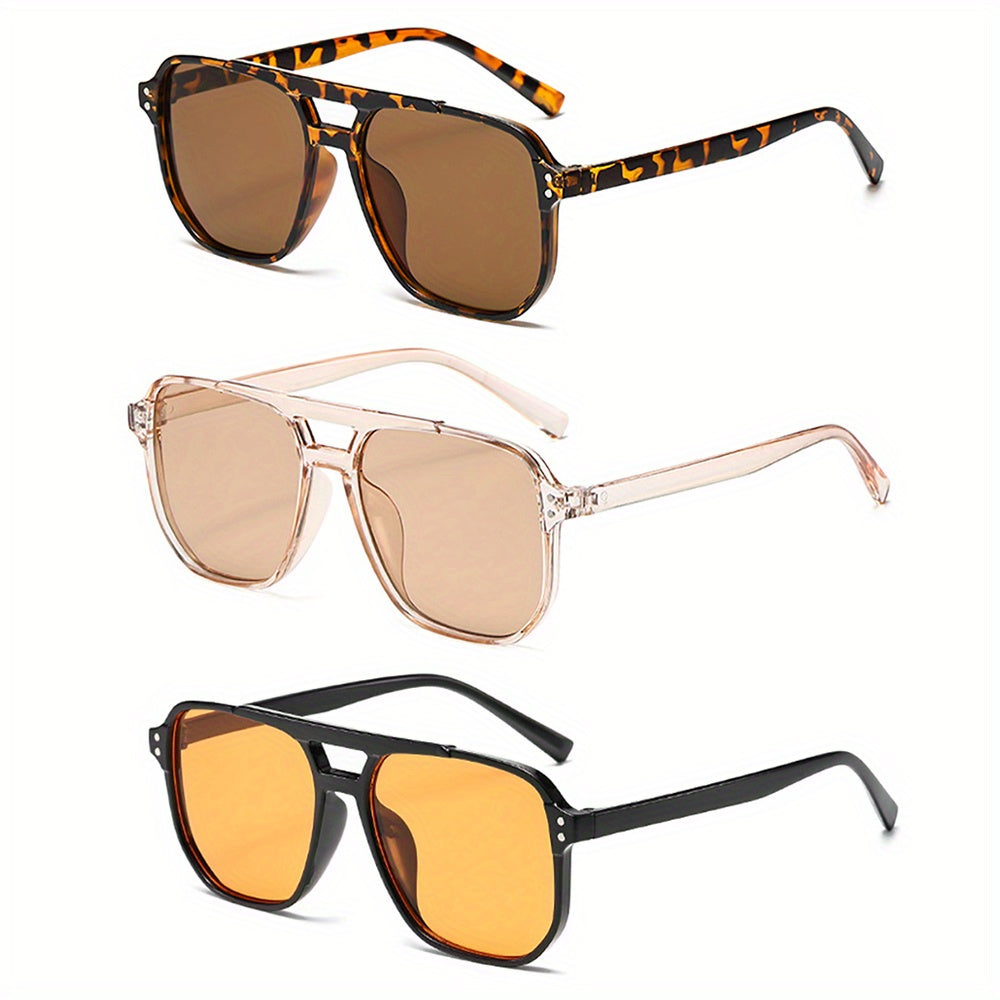 3pcs Fashionable Rectangular Plastic Glasses for Women with Leopard Print Detail, Dual Bridge Design, Reflective Lens, PC Material, Ideal for Daily Wear, Summer Festival, Birthday Gift, Mothers Day Gift