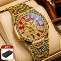 [Automatic Mechanical Watch] 1pcss Men's Golden Green Steel Belt Retro Style Classical Fashion Rose Carving Automatic Mechanical Watch, Without Battery