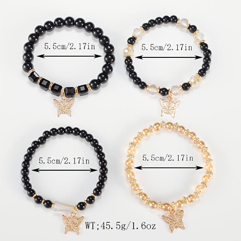 4pcs, 8pcs, 16pcs/Set Bohemian Elegant Gift Bracelet, Butterfly Sparkle Multi-Layered Beaded Fashion Bracelet, Elastic Charm Beaded Bracelet, The Perfect Gift for Stylish Ladies, Suitable for Ladies