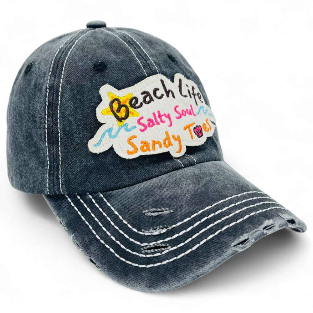 "Beach Life Salty Soul Sandy Toes" Baseball Cap-Local Artist Designed, Vintage, Distressed, Embroidered, 100% Cotton, UV Protection, Adjustable
