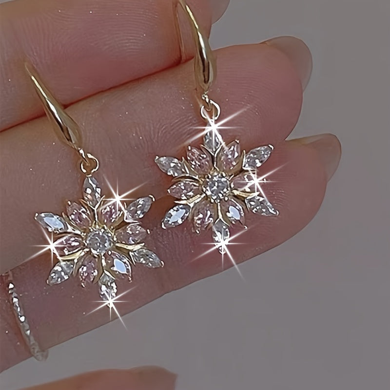 [Pink Glass Snowflake Earrings] Sterling Silver Elegant Pink Glass Snowflake Earrings | S925, Casual Decoration, Holiday Gift for Girlfriend