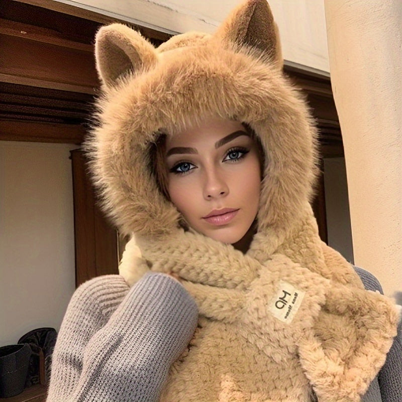 2026 Autumn And Winter New 2pcs Set WhiteAndKhaki Combination Unisex Upgraded Thickened Cute Hooded Scarf Hat Solid Color Winter Plush Cartoon Ear Warm Hat Warm And Windproof Ideal for Multiple Occasions And Holiday Gifts