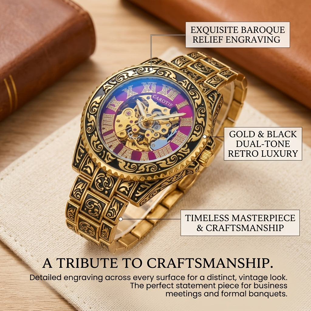 1pc Men'S Red Steel Belt Watch Featuring a Retro Design, Unique Fashion, And Luminous Carved Mechanical Elements, Without Battery