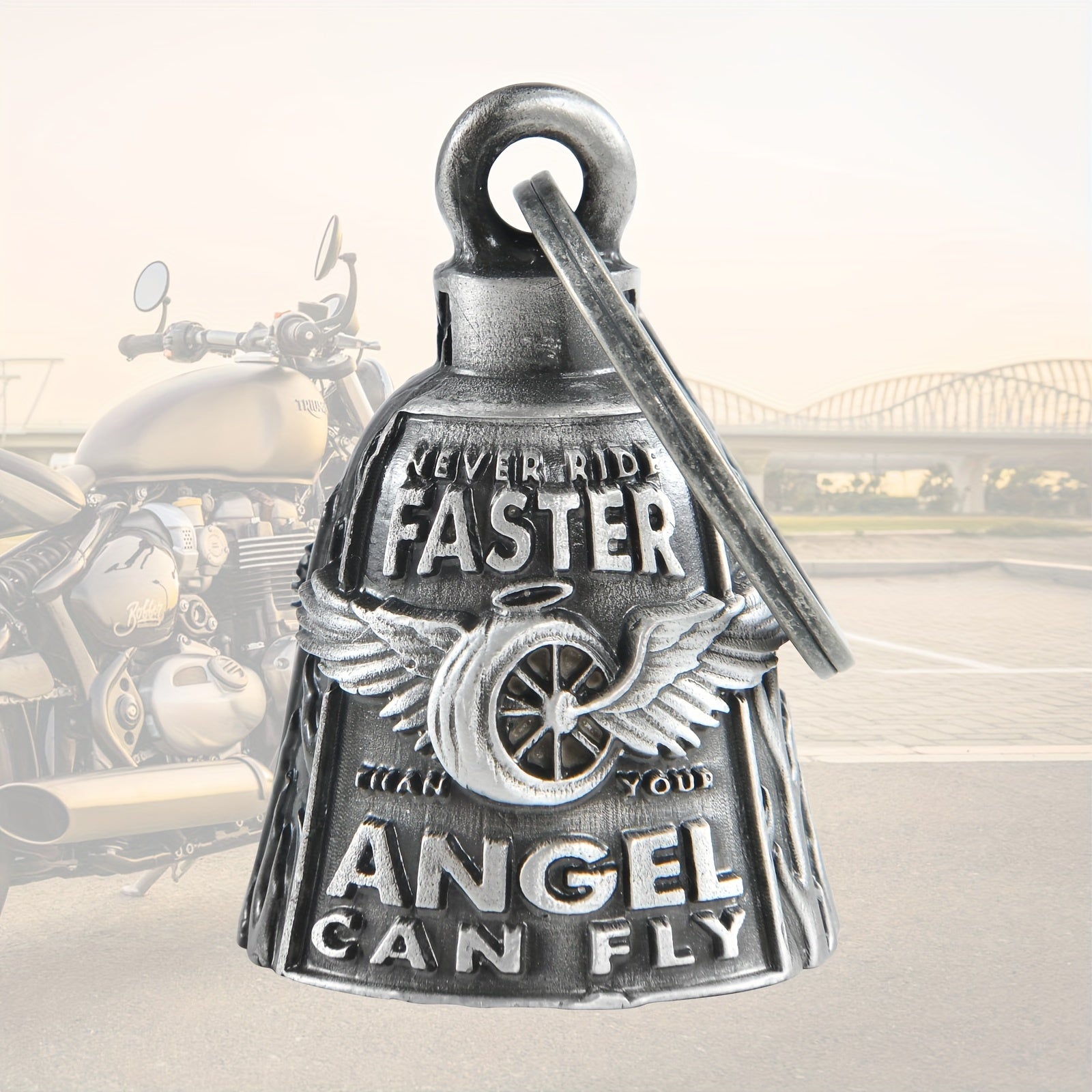 Cremlin/Cuardianbell, Wheel with Wings Motorcycle Bell, Motorcycle Key Chain for Bikers Women Men W/Hanger Biker, Bell for Riders, Good Luck Riding Bell SpiritBell Moto Accessories