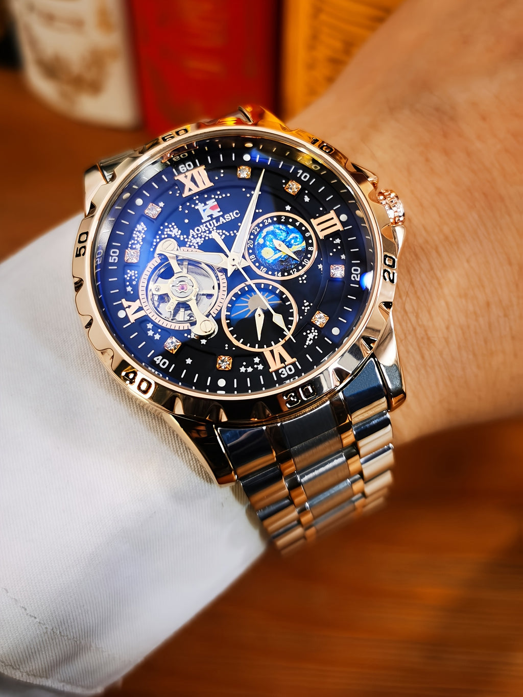 Top Brand Men Fashion Tourbillon Skeleton Automatic Mechanical Watch, Rose Golden Case Stainless Steel Strap, Iced Out Starry Sky Luminous Dial, Business Casual Mens Watches, 1pc, Gifts with Box