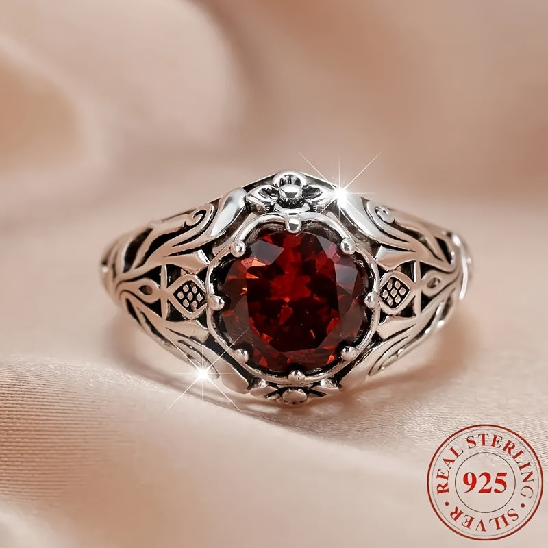 S925 Silver Red Synthetic Synthetic Zirconia Ring Low Allergic No Nickel Lady Retro Elegant Lattice Flower Design Ring Jewelry Suitable for Daily Party Wearing Anniversary Gifts