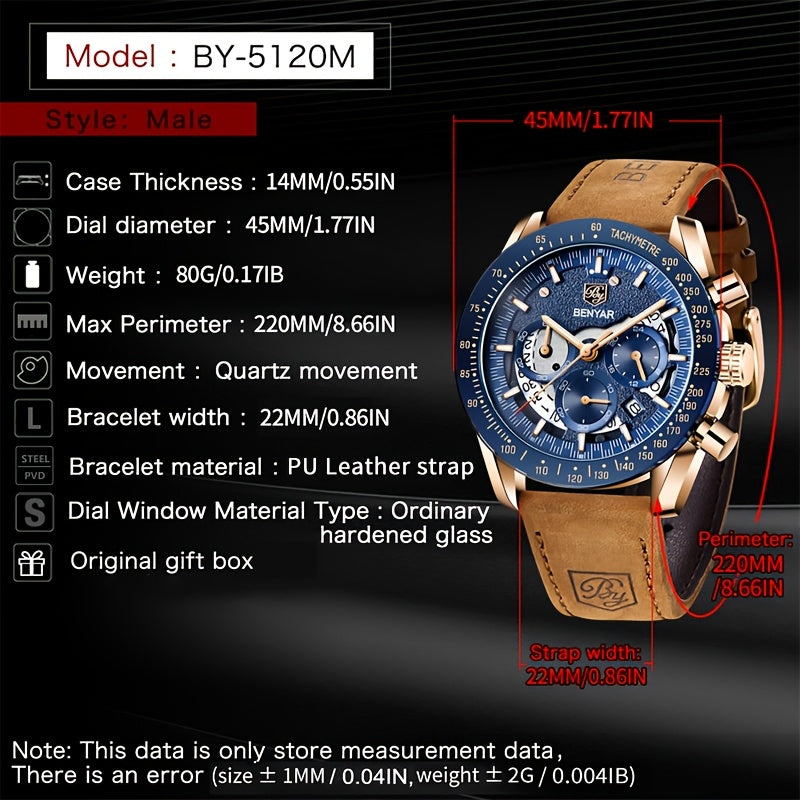 [BENYAR Luminous Chronograph Watch] BENYAR Analog Quartz Chronograph Luminous Watch - Big Face Mens Business Work Sport Casual Fashion Designer Dress Wrist Watch - Elegant Gift For Men