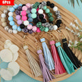 6pcs Set Of Leopard Print Wooden Bead Bead String with Tassel Keychain for Women, Holiday Gift