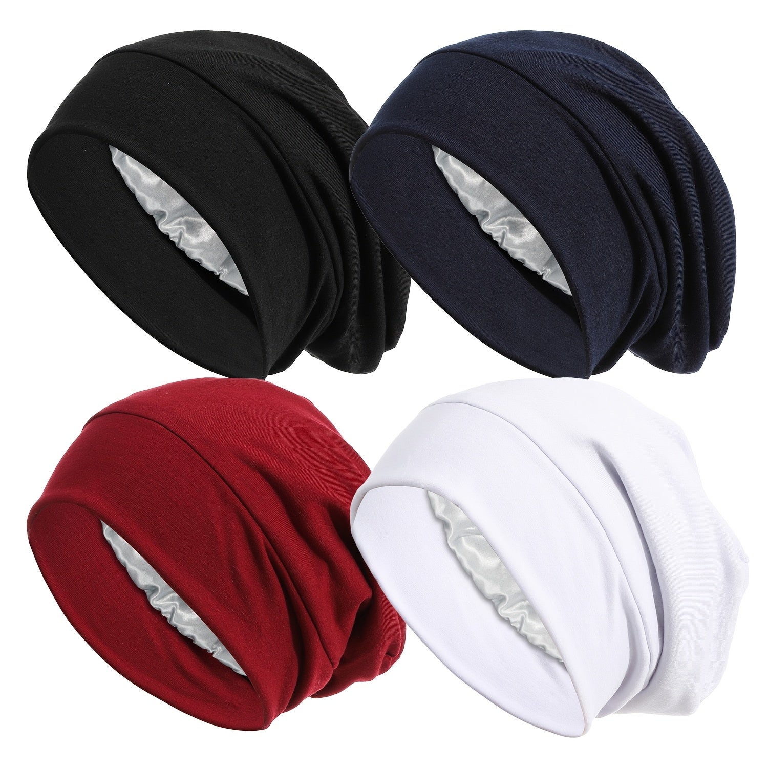 4pcs Soft Satin Lining Muslim Turban Hat Sleep Cap | Cancer Chemo Hat Beanie Headwrap Hair Loss Bonnet for Women