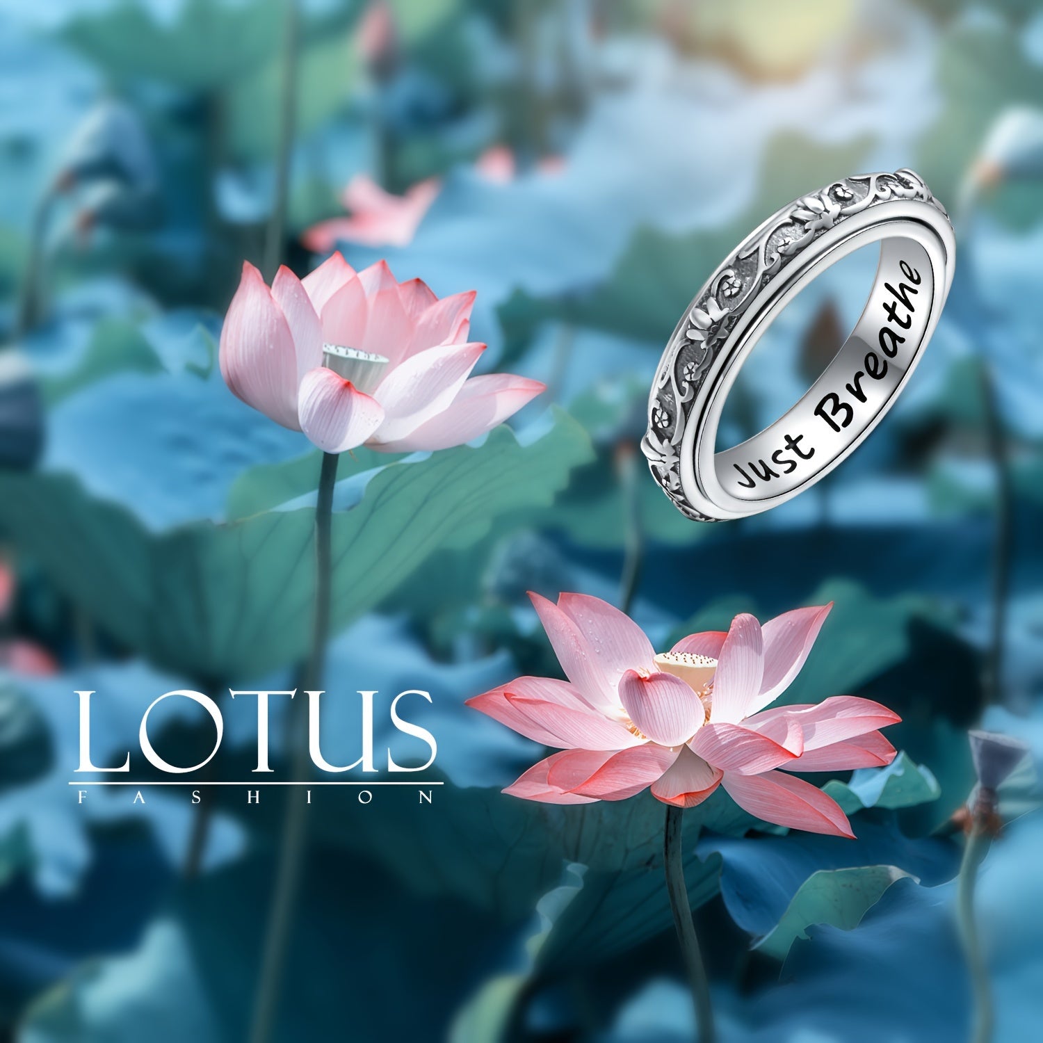 Spinner Fidget Ring S925 Sterling Silver Lotus Flower Yoga Just Breathe Anxiety Worry Band Oxidized Fidget Boredom ADHD Autism Rings For Women Men