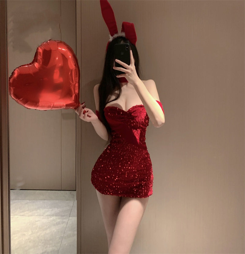 SD-186  Christmas tube top red bow sequined bunny girl cos sexy pure desire dress