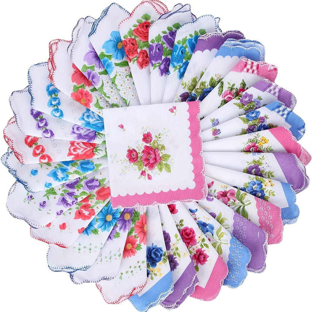 30pcs Womens Floral Print Handkerchiefs Vintage Soft Handkerchiefs Bulk