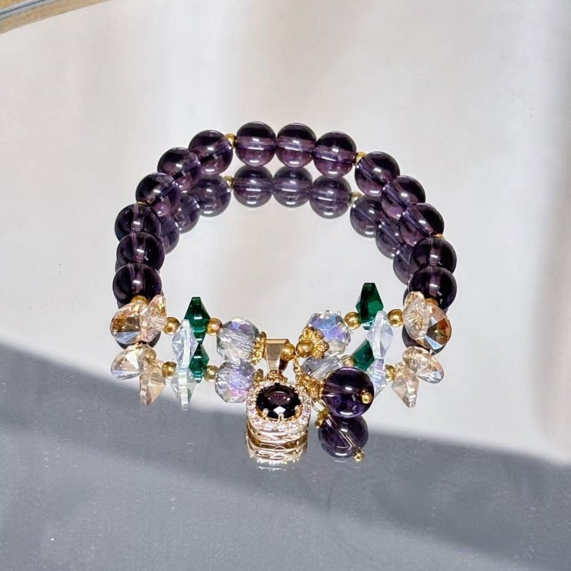 4pcs Elegant Natural Stone Bracelets - Amethyst Beads with CZ Cat Pendant - Lucky Boho Jewelry Gift for Women Men Couple Best Friend