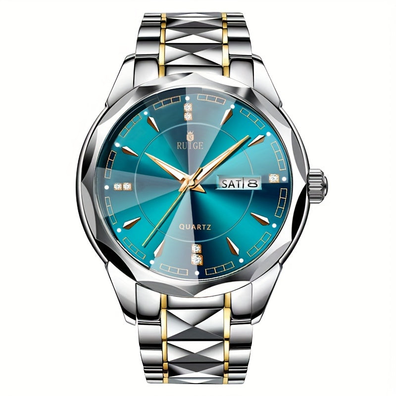 RUIGE Men'S Fashion Trend Quartz Watch | Night Light Dual Calendar, Diamond Shaped Watch Mirror, Stainless Steel Case, Alloy Strap, Business Leisure, Ideal Gift for Father'S Day