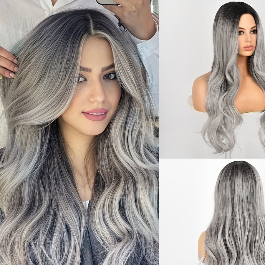 Costume Wig, Fashionable Gradient Black to Gray Wig, Long Curly Hair - Heat-Resistant Synthetic Fiber, Suitable for Women, Natural Style, Suitable for Daily Wear And Role-Playing