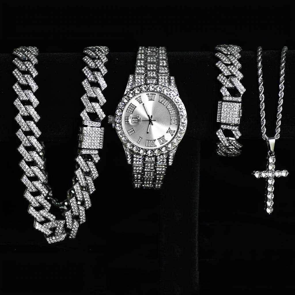 Luxury Cuban Link Jewelry Set: Necklace, Bracelet, Pendant Necklace, and Wristwatch Full Set - Ideal Gift for Holiday Celebrations, Valentine's Day, Christmas, and Birthdays