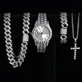 Luxury Cuban Link Jewelry Set: Necklace, Bracelet, Pendant Necklace, and Wristwatch Full Set - Ideal Gift for Holiday Celebrations, Valentine's Day, Christmas, and Birthdays