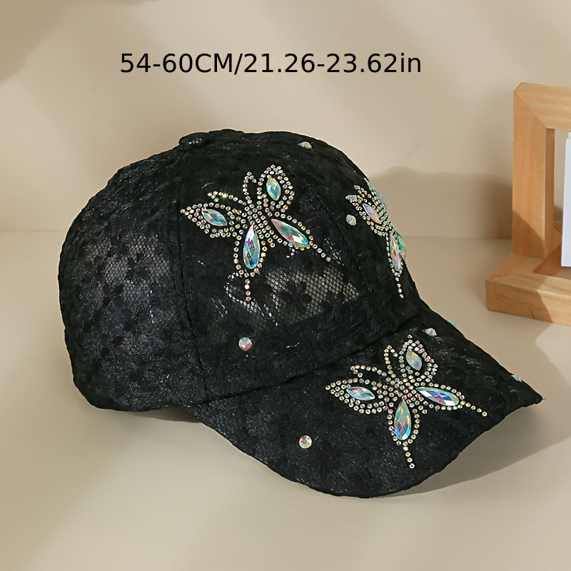 Women' Sparkling Sequin Butterfly Baseball Cap - Glitter Hat with Lace Mesh Sun Shield, Breathable Windproof Adjustable Buckle for Dance Parties, Prom, Outdoor - Suitable for Ladies, Gift for Friends
