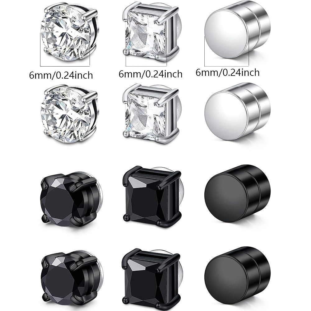 8/9/12/14pcs Magnetic Stud Earrings for Men Round Square Embellished Stud Earrings