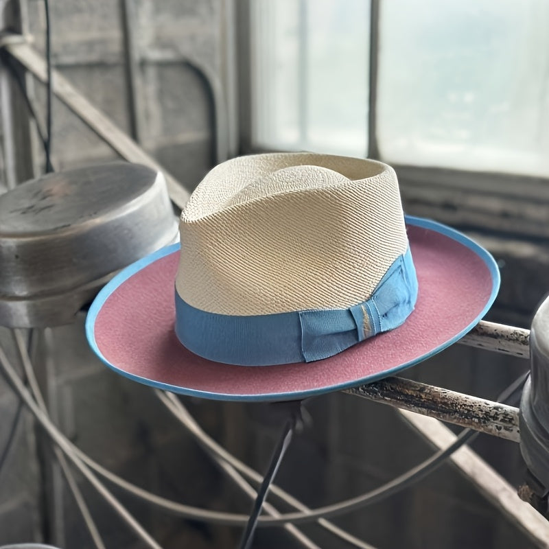 Hand- Panama Color Matching Spring And Summer Hat, Men'S And Women'S Valentine'S Day Gift, Wedding Style Unisex, Head Circumference 22.44-23.62inch, Adjustable Hat Circumference