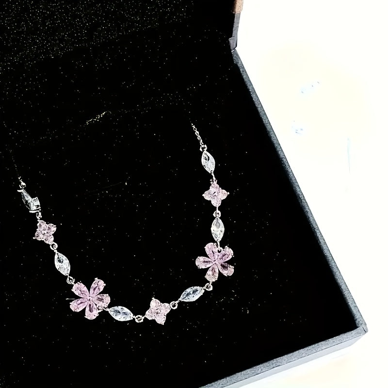 1 Women's S925 Silver Pink Cherry Blossom Bracelet, Fashionable, Cute, Exquisite Square Synthetic Synthetic Zirconia Petal Cherry Blossom Bracelet Adjustable