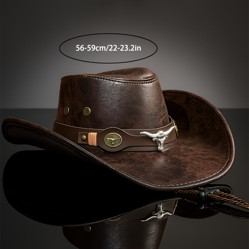[Western Cowboy Hat] Men's Western Cowboy Hat - Brown Synthetic Leather Wide Edge Hat, Non Textile Material, Ideal for Summer Parties and Outdoor Activities, Outdoor Headwear | Wide Edge Hat | Durable Headwear