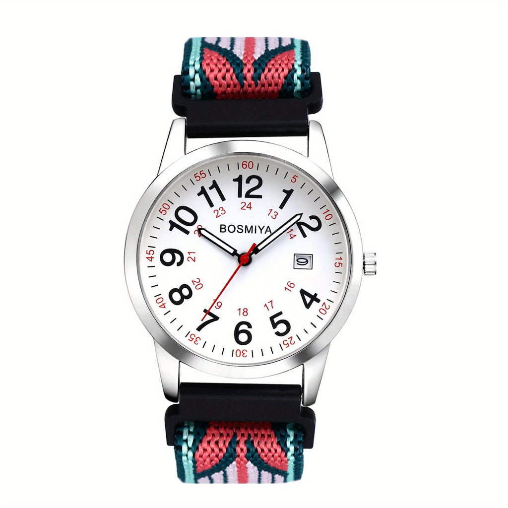 [Colorful Elastic Watch] Colorful Elastic Watch with Arabic Numerals, Calendar, 24-hour Format, Round Case, Stretch Braided Rope Nylon Strap, Suitable for Casual Business Wear, Birthday Christmas Gift