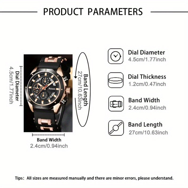 [Fashion Men'S Quartz Watch ] 2pcs Casual Sports Men Watch Silicone Strap Calendar Display Ideal Men'S Valentine'S Day