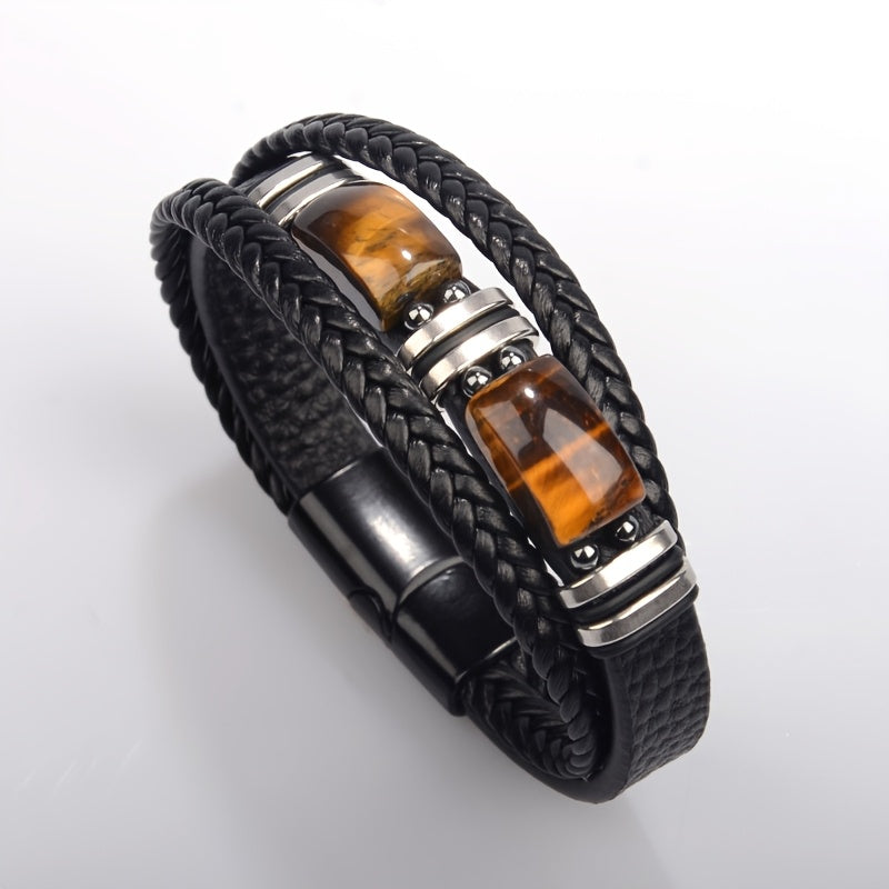 1pc Tiger Eye Stone Men'S Bracelet Natural Stone Protection Multilayer Braided Wristband Bangle Gifts For Him