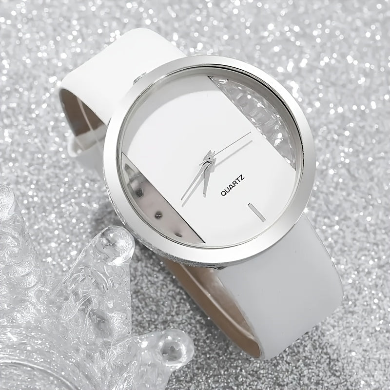 3pcs/set, Stylish And Simple Transparent Women's Watches Set, Elegant Casual PU Leather Strap Quartz Watch, Creative And Trendy Best Gift Watches for Ladies Female, Without Box