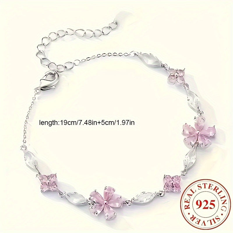 1 Women's S925 Silver Pink Cherry Blossom Bracelet, Fashionable, Cute, Exquisite Square Synthetic Synthetic Zirconia Petal Cherry Blossom Bracelet Adjustable