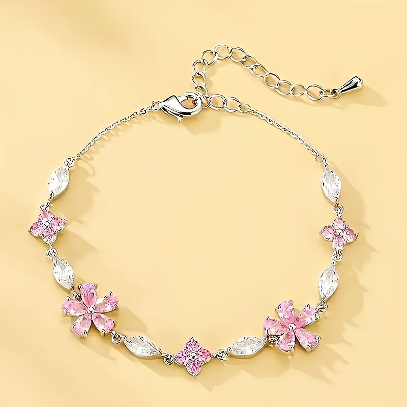 1 Women's S925 Silver Pink Cherry Blossom Bracelet, Fashionable, Cute, Exquisite Square Synthetic Synthetic Zirconia Petal Cherry Blossom Bracelet Adjustable