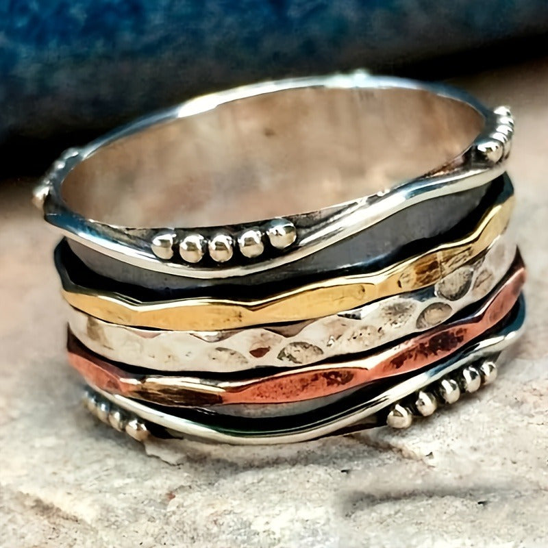 [Bohemian Women's Ring] Retro Bohemian Style Multi-Color Stainless Steel Layered Texture Women's Ring, a Fashionable Women's Ring for Daily Gatherings