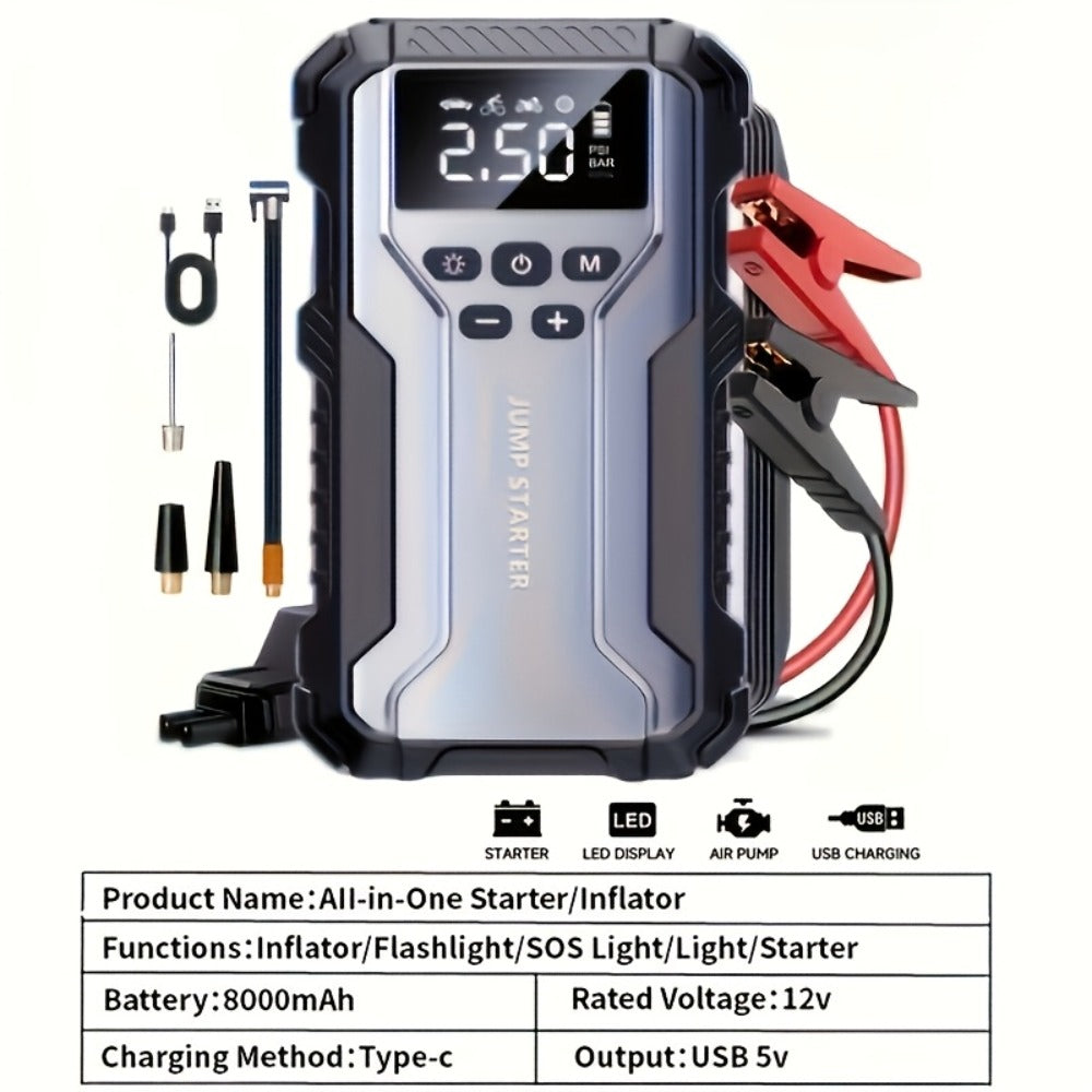 [Portable Car Jump Starter] 10000upgrade 7-in-1 Multi-Functional Emergency Jump Starter, Portable Car Battery Starter, Suitable For 2.64-Gallon Gasoline Or 2.38-Gallon Diesel Batteries, LED Emergency Lights, And Car Emergency Tools
