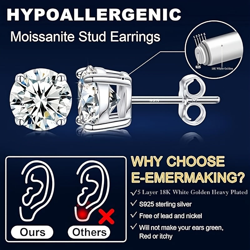 1 Pair Moissanite Stud Earrings 1CT, 2CT, 4CT, 6CT D Color VVS1 Clarity Brilliant Round Cut Lab Moissanite 18K gold plated White 18K gold Plated 925 Sterling Silver Earring Jewelry Gifts For Teenager Teenager Girls With Jewelry Box, For Teenager