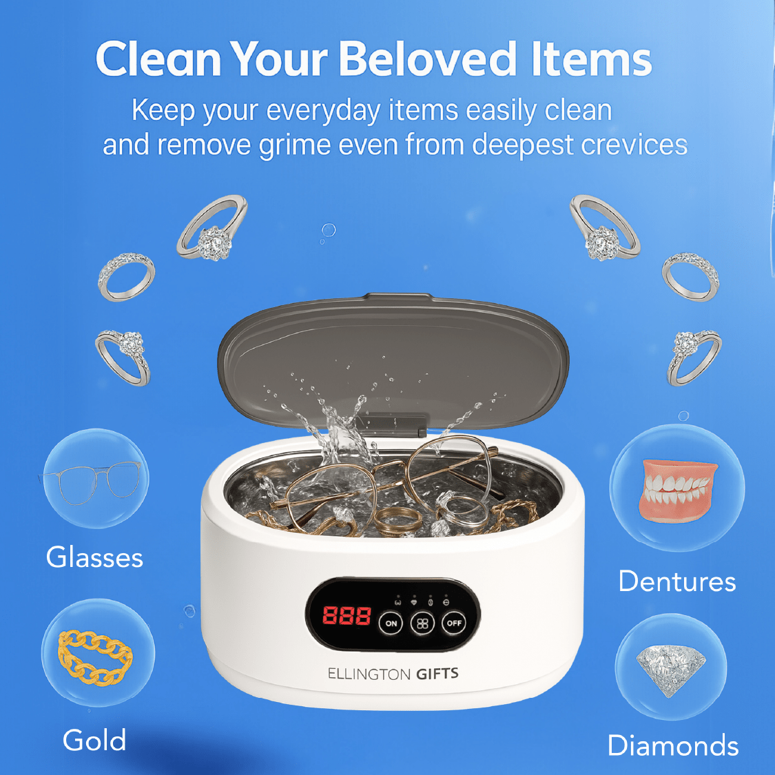 Ultrasonic Jewelry Cleaner, 48KHz Ultrasonic Cleaner Machine for Jewelry, Eyeglasses, Rings, Watch Strap, Dentures- Dual Cleaning Modes, 304 Stainless Steel Tank