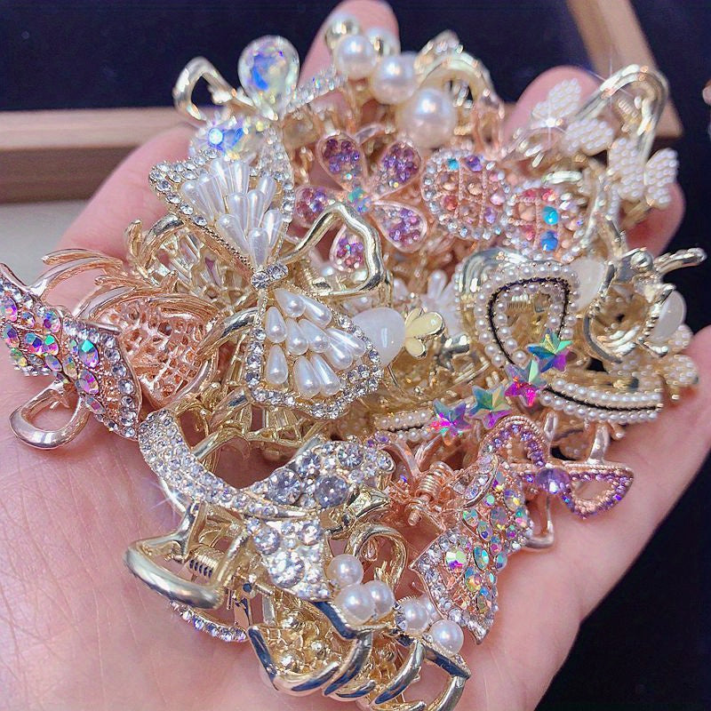 Random 10pcs Luxrious Zirconia Bow Hair Additions for Women- Charm Flower Design Claw Clips, Colorful Non-Slip Hair Claw Jaw Clips, Elegant Barrettes Headwear, Suitable for Styling & Wedding, Daily Accessory