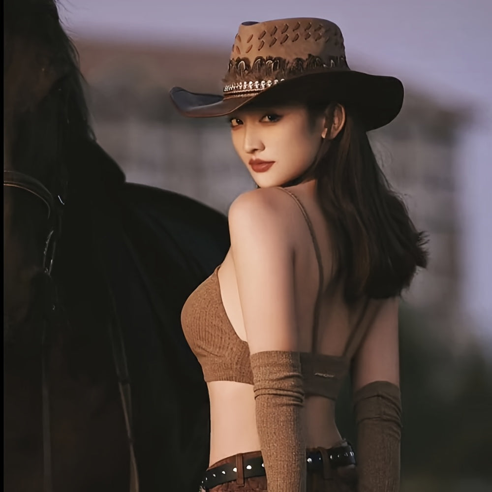 High Quality PU Leather Feather Wide Brim Western Cowboy Hat, Horseback Riding Western Cowboy Hat, Skull Feather Hat for Men And Women, Valentine's Day Gift