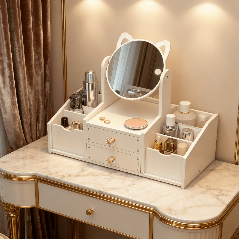Jewelry Box, Dressing Table with Cat Ear Mirror, Perfect Choice for Home or Bedroom Organization, Durable Construction, Ideal for Birthdays, Christmas, and as a Gift.