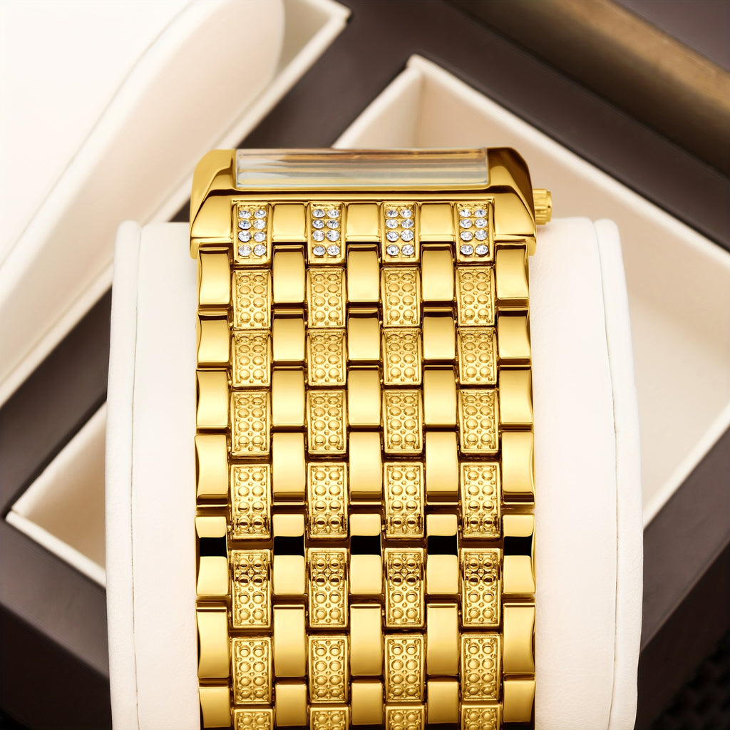 1pc Yalalusi Men'S Fashion Watch | Luminous Pointer, Business Golden, Casual Splicing Wristband, Easy Rhinestone Decoration, Gift Box And Strap Remover, Ideal For Father And Friends Gift